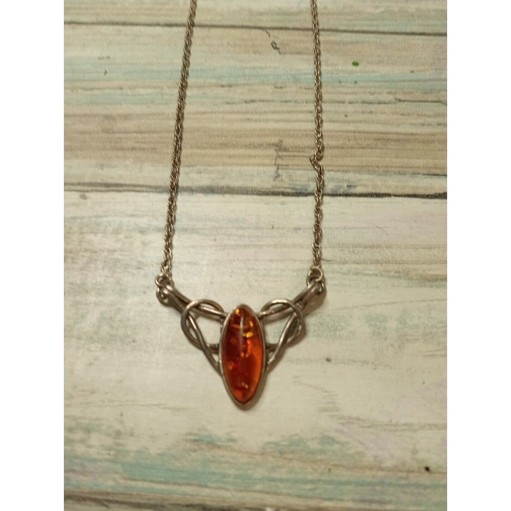 Celtic Amber Sterling Silver Knot Necklace 15" Chain